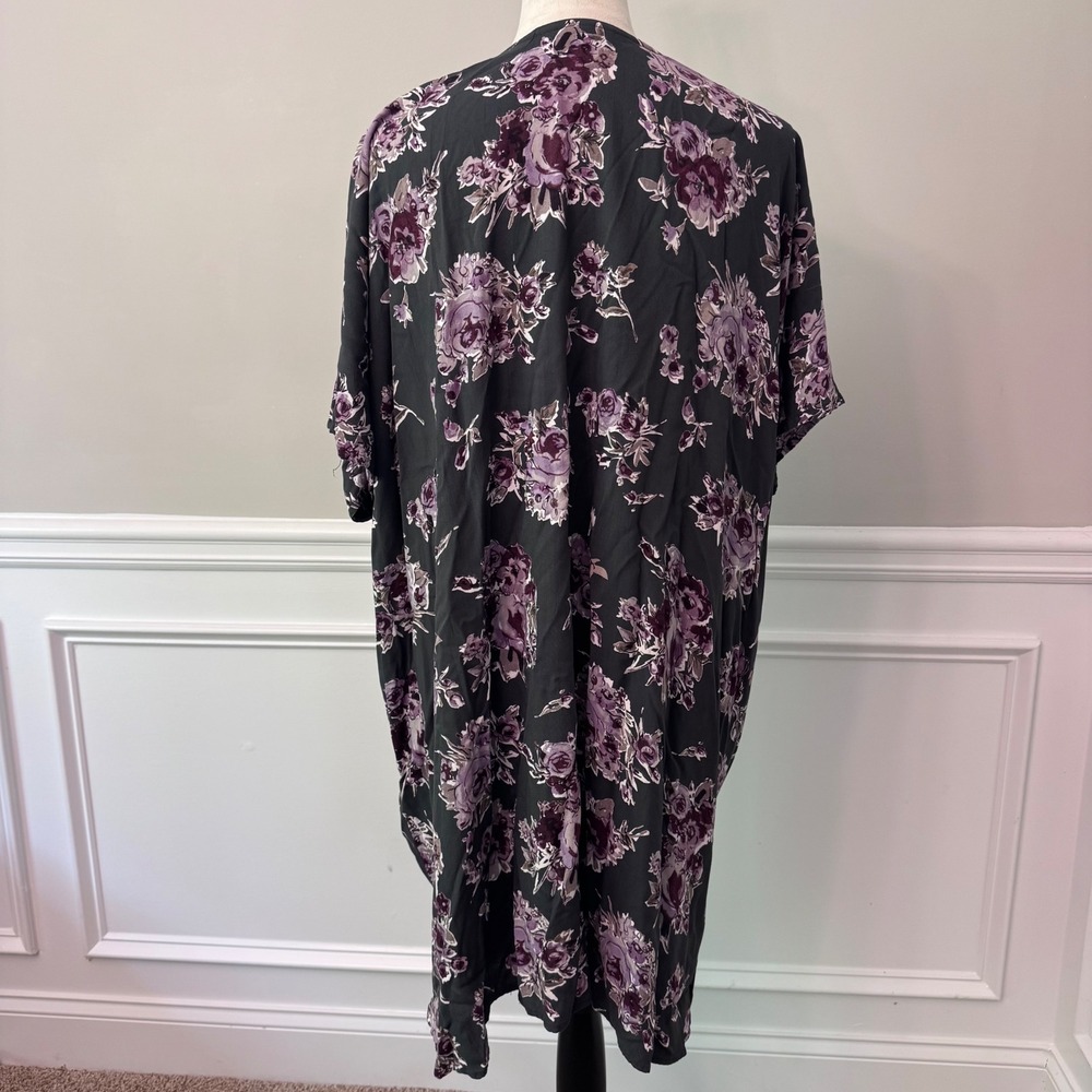 Womens Floral Open Front Kimono Wrap Purple Rose Oversized Cardigan Cover Up - Picture 7 of 12